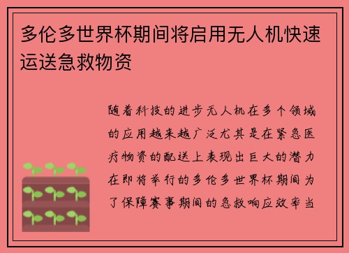 多伦多世界杯期间将启用无人机快速运送急救物资