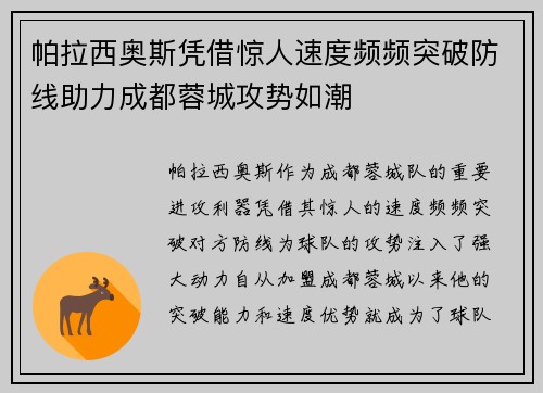 帕拉西奥斯凭借惊人速度频频突破防线助力成都蓉城攻势如潮 帕拉西奥斯凭借惊人速度频频突破防线助力成都蓉城攻势如潮